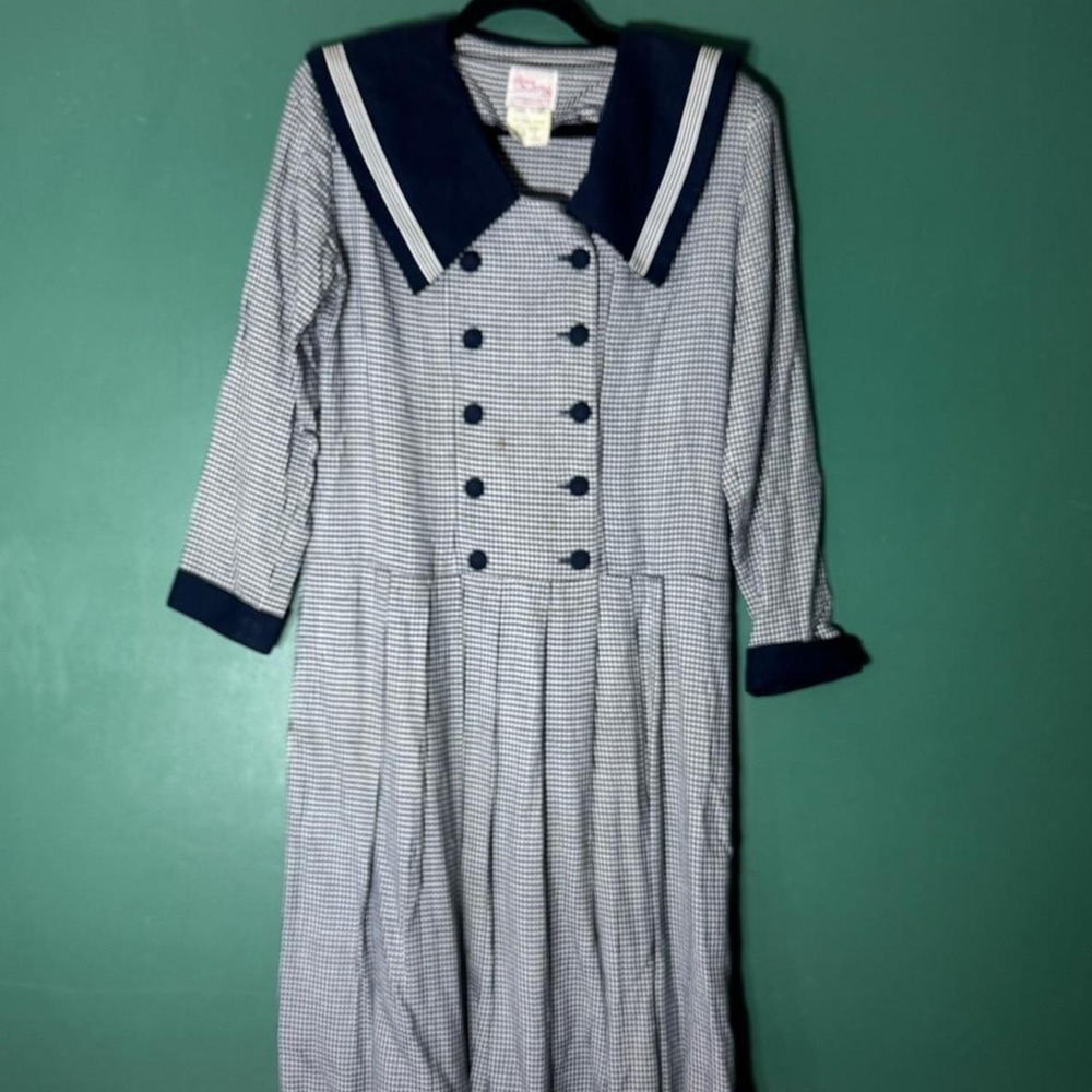 Petite Lanz Vintage 80s Sailor Cottagecore Maxi Dress Gingham Navy Blue White 2